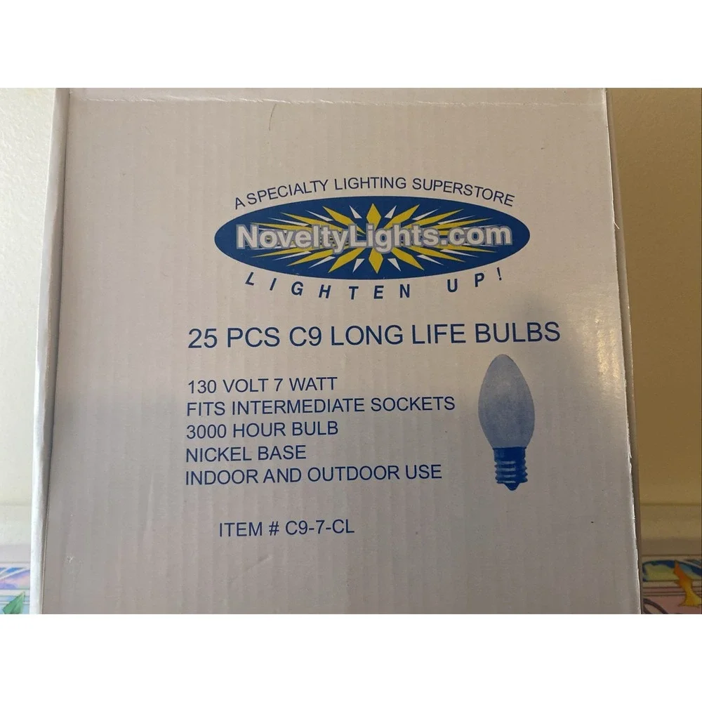 NoveltyLights 25 C9 Clear Transparent Replacement Christmas Light Bulbs C9-7-CL